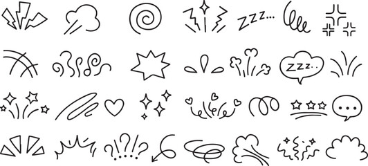 Manga doodle expression. Line comic anime Japanese elements, cartoon movement, emphasis and exclamation, dizzy and angry, shock lightning emotion funny effect black and white line art