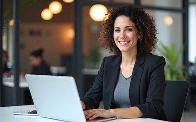 Middle age European business woman CEO using laptop application for work at table workspace in office. Smiling Latin Hispanic mature adult professional businesswoman using pc digital computer. Banner