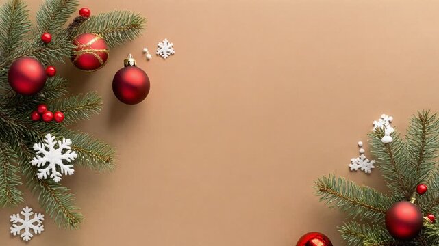 Festive Christmas border featuring vibrant red baubles, natural pine branches, and delicate white snowflakes arranged on a warm beige background, providing elegant copy space for holiday greetings