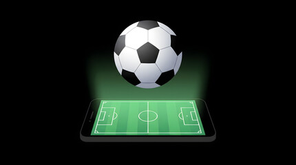 A classic black and white soccer ball floating above a futuristic mini football field