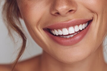 Obraz premium Girl with a bright smile showcasing perfect white teeth in a cheerful expression indoors against a light background while enjoying a happy moment