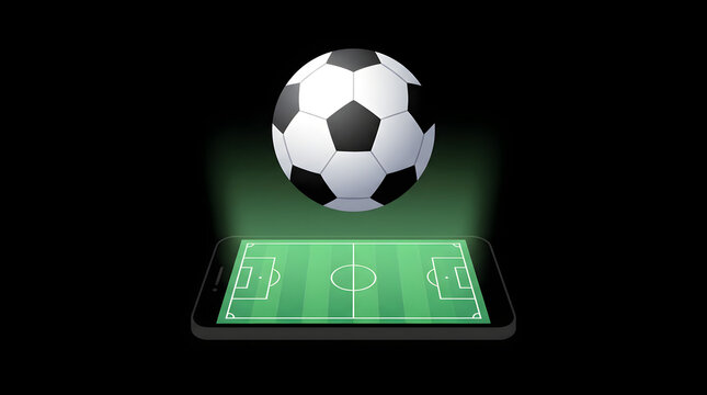 A classic black and white soccer ball floating above a futuristic mini football field