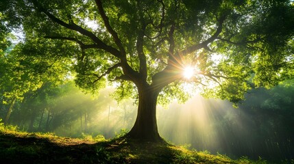 Obraz premium A large tree with lush green leaves stands tall in a misty forest, bathed in the golden rays of the sun.