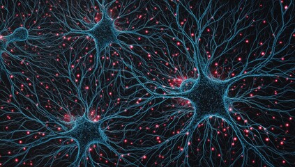 Neuronal network illustration with glowing nodes against a dark background