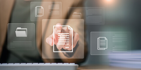 A user interacting with digital documents and file icons through a virtual interface, online document processing, cloud organization, and efficient workflow systems for business productivity.