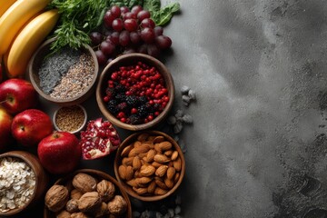 Healthy food selection featuring fresh fruits, vegetables, and superfoods arranged on a rustic surface with a focus on nutrition and wellness