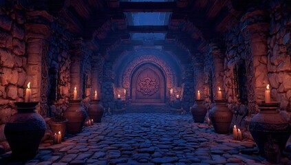 Dark, arched stone hallway with candles illuminating ornate door