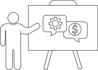 Outline drawing person pointing to a whiteboard with a gear  dollar sign in speech bubbles