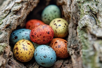 Obraz premium Colorful Easter eggs nestled in a tree trunk surrounded by nature during springtime celebrations