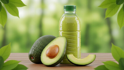 Avocado juice in a clear plastic bottle with fresh green leaves background, healthy drink concept, natural tropical beverage presentation