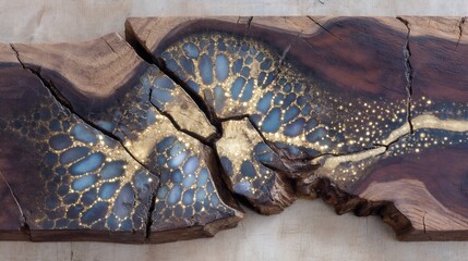 Abstract Cracked Wood with Blue and Gold Mosaic Pattern.