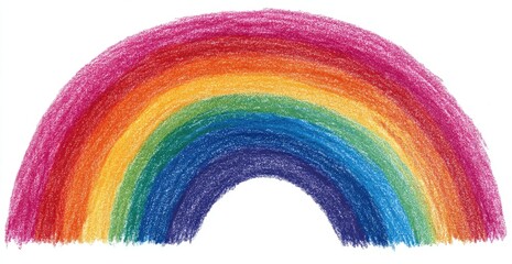 Crayon drawing of a bright rainbow arc against a white backdrop