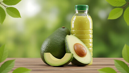 Avocado juice in a clear plastic bottle with fresh green leaves background, healthy drink concept, natural tropical beverage presentation