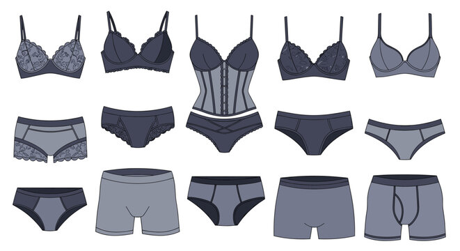 Collection of various men's and women's underwear types including bras panties boxer briefs and a corset in a flat design style.