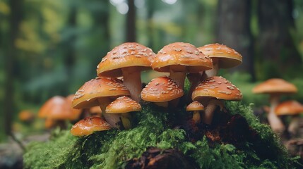 A cluster of orange mushrooms growing on a mossy log in a forest.