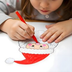 Fototapeta premium Macro close-up of a young girl’s tiny hands drawing Santa on white paper with bright crayons, focusing on Santa’s red hat, fluffy beard, and playful festive details.