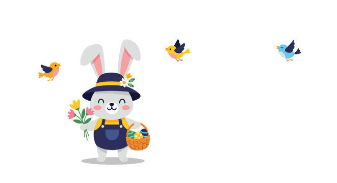 Cheerful Easter bunny character in a hat and overalls holds a basket of eggs and flowers with little birds flying happily around.