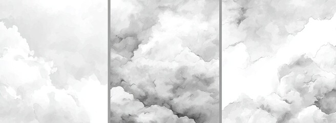 Three panels of cloudy white and gray watercolor-style abstract art