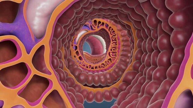 Animated 3D cross-section of the small intestine with camera movement