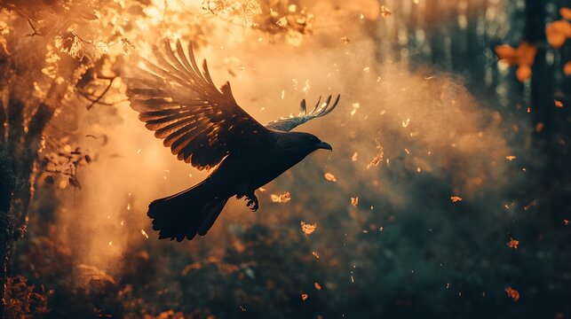 A crow in flight, silhouetted against a golden sunset in a forest, with falling leaves and a hazy atmosphere. - Powered by Adobe