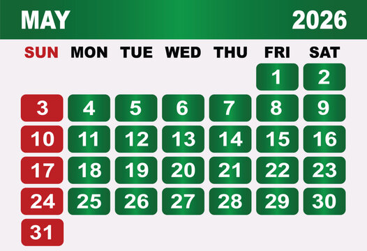 May 2026 Calendar Grid With Red Sundays And Green Weekdays planner