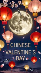 Obraz premium Romantic Chinese Valentine’s Day Celebration with Lanterns and Full Moon Illustration