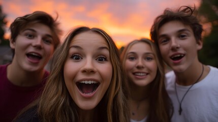 Four young friends two males and two females captured in a close up selfie with wide smiles and open mouths during a vibrant sunset