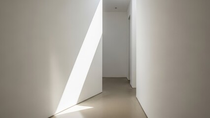 Fototapeta premium Sunlight Illuminates Modern Minimalist Hallway with Geometric Shadows.