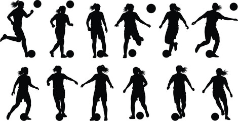 Set of black silhouette female soccer players in various action poses, including dribbling, kicking, and running with the ball, isolated sport vector illustration on white background. © MstBeauti