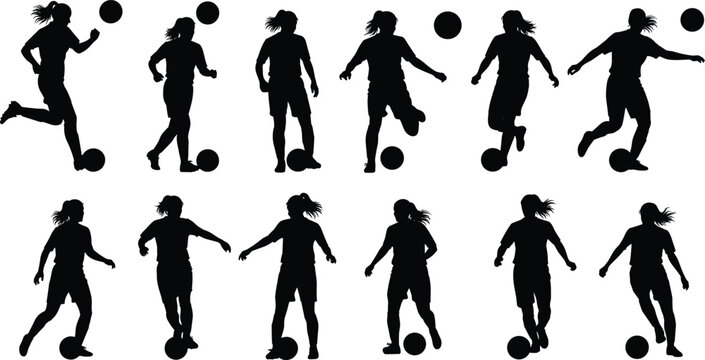 Set of black silhouette female soccer players in various action poses, including dribbling, kicking, and running with the ball, isolated sport vector illustration on white background.