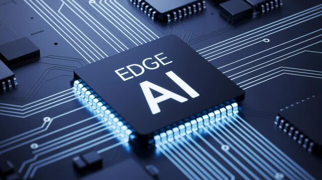 A futuristic electronic circuit board with a prominent central chip labeled 'EDGE AI' glowing with blue light and circuit lines indicating data flow.