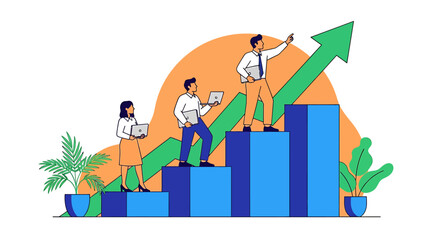 Flat vector illustration of a business team achieving success, symbolizing career growth and strategic progress on an upward-trending bar chart