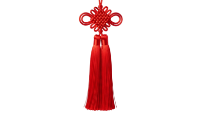 Chinese lucky knot ornament with red tassels, symbol of good fortune and prosperity, isolated on white