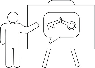 Line art shows a person presenting a whiteboard with a broken key icon inside a speech bubble