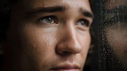 Close up portrait of a young person with sweat droplets on their face looking out a rain streaked window