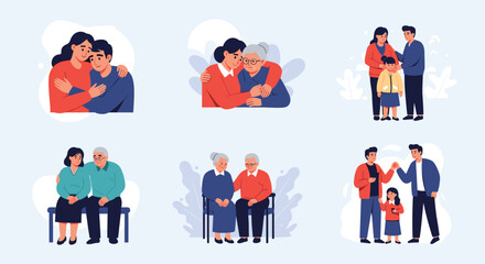 Collection of diverse family members showing love and support by hugging and comforting each other in various situations.