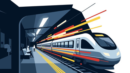 Naklejka premium Modern train entering a station with seated passenger and standing figure, with speed lines suggesting rapid movement