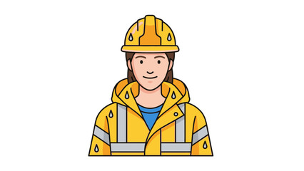 Cartoon of worker with a hard hat & safety jacket, light skin, facing forward on a white background, water droplets