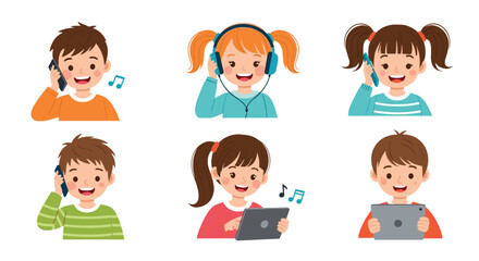 Fototapeta premium Set of cute cartoon children using modern technology like smartphones tablets and headphones for communication and entertainment.