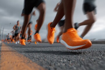 Marathon runners compete on a city asphalt road during a cloudy day as they strive to achieve their personal best times in a competitive race