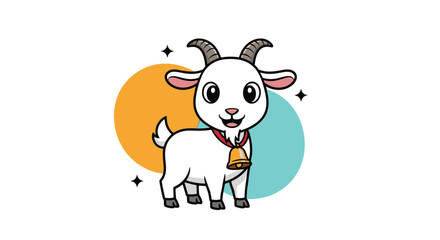 Obraz premium Extremely cute cartoon baby goat with a red collar and golden bell smiling happily against a colorful circular background.
