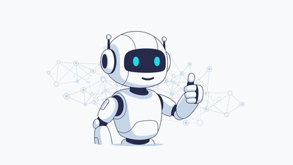 Obraz premium Smiling cartoon robot with blue eyes giving a thumbs up on a light background with connections