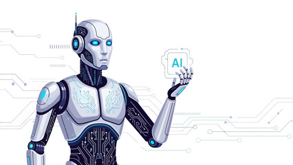 Sleek robot figure with blue details holding an AI icon against a white backdrop with circuit line accents