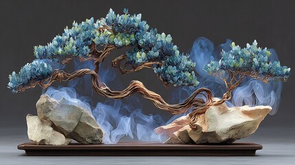 Artistic Bonsai Tree Sculpture with Blue Smoke Effect.