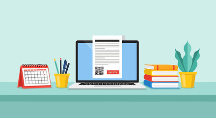 Online Registration Form on Laptop Screen in Modern Workspace - Flat Vector Illustration for Digital Workflow, Study, and Remote Productivity