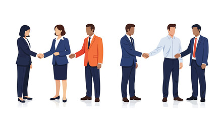 Obraz premium Diverse business professionals shaking hands in a flat vector illustration, symbolizing successful partnership, agreement, and collaboration among various teams and individuals
