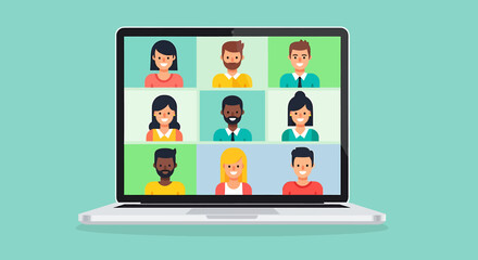 Flat vector illustration of a laptop screen displaying a video conference with multiple participants