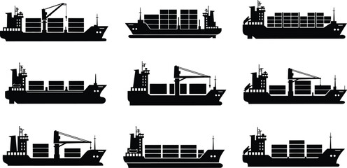Silhouette illustrations of various cargo ships and port crane elements
