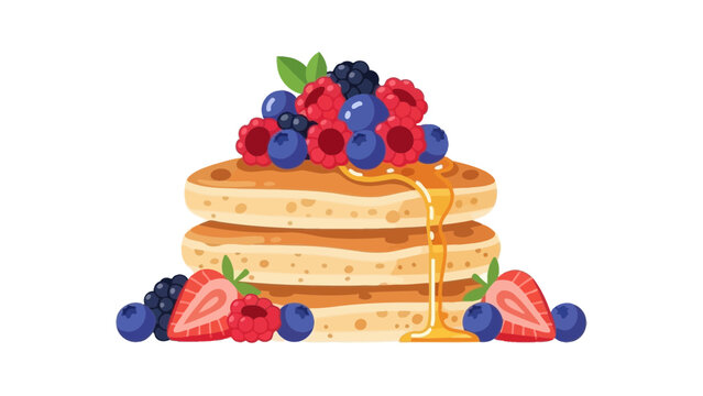 Stack of pancakes with berries and dripping syrup, isolated on white, in cartoon style