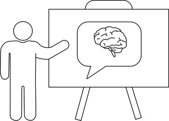 Stick figure presenting brain image on easel minimalist monochrome drawing